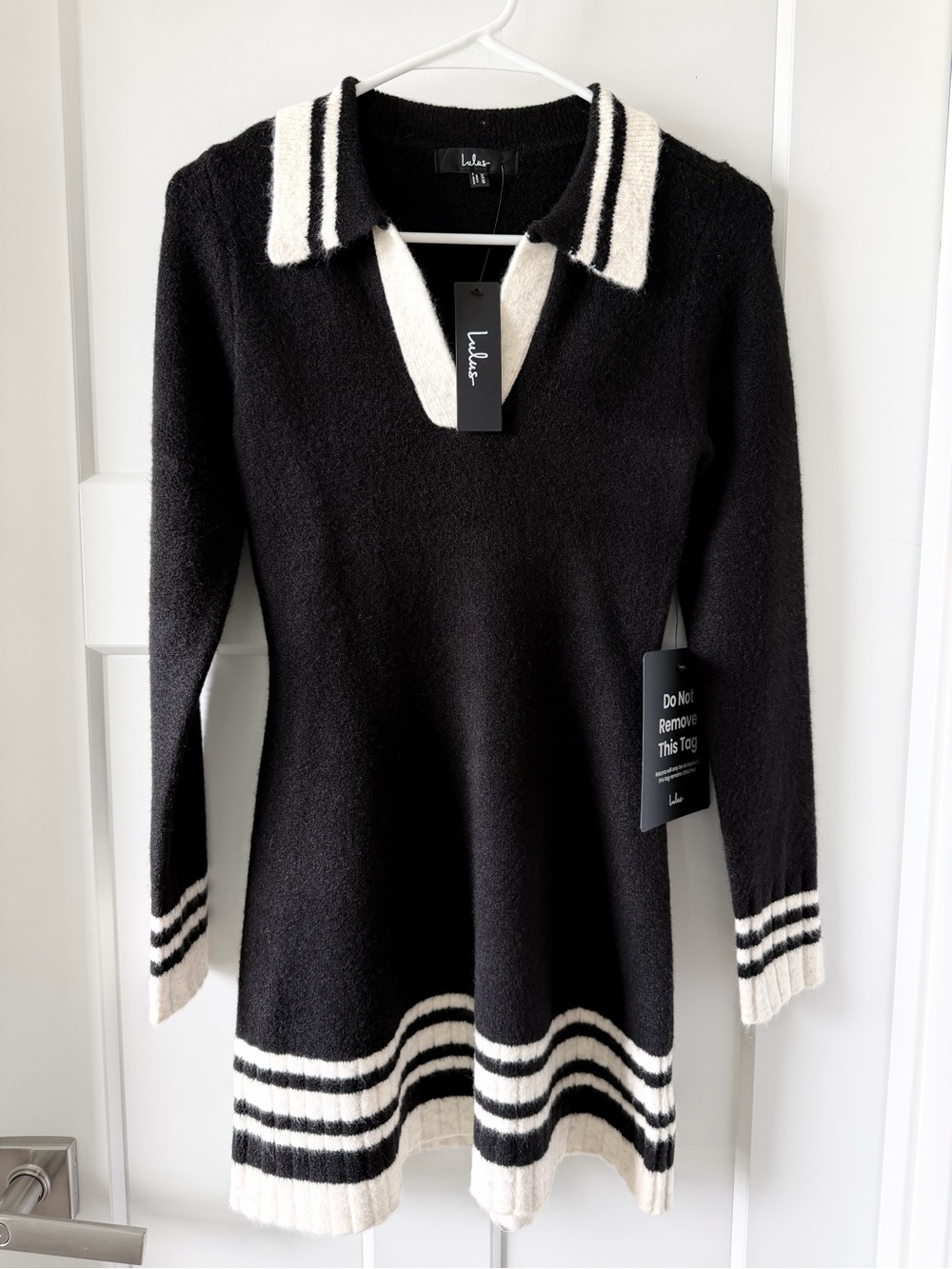 Lulu's Black Sweater Dress with Cream Stripe Collar & Hem